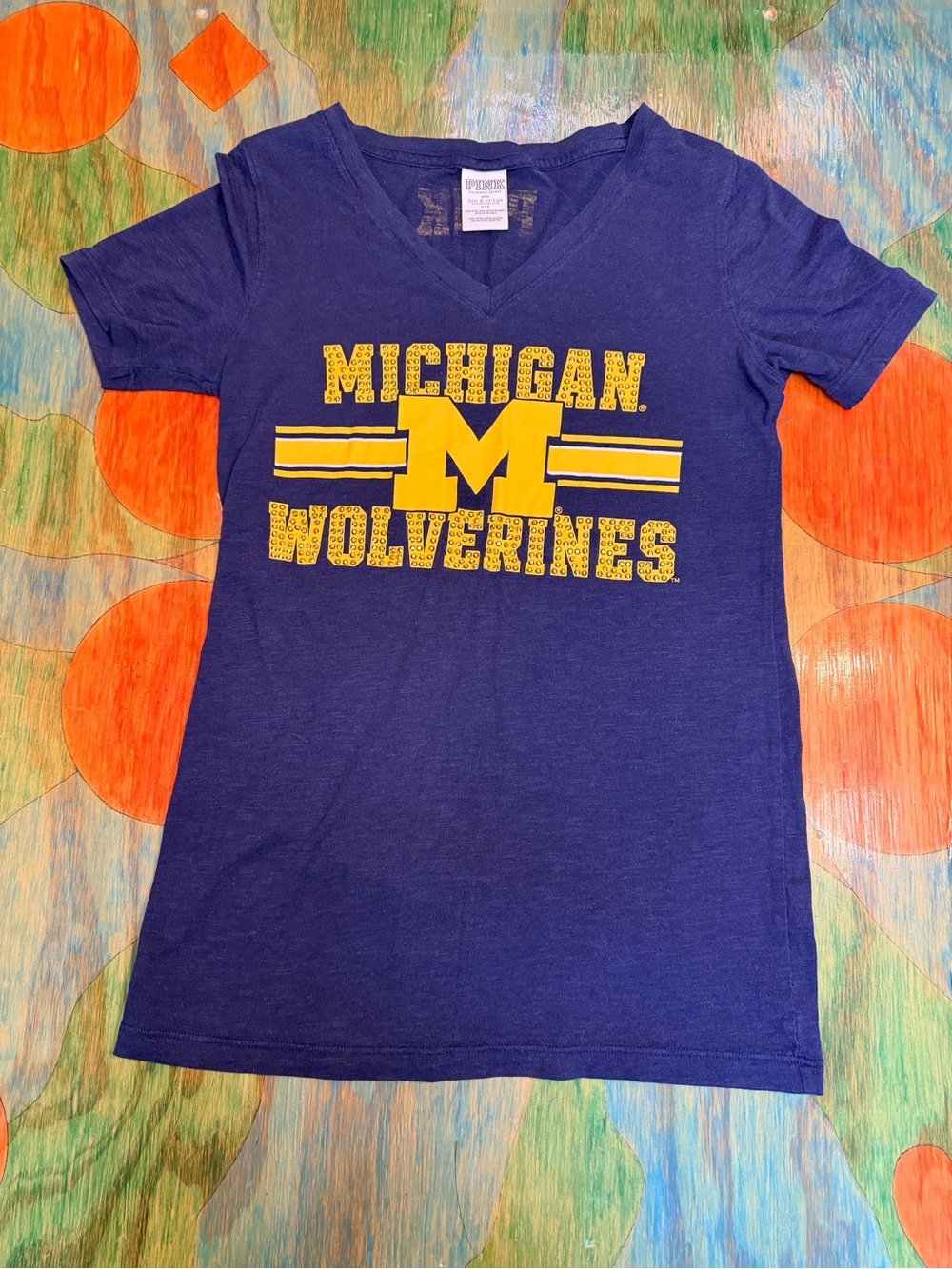 Michigan Wolverines V-neck T Shirt Womens Sz Small Pink Victoria’s Secret Bling